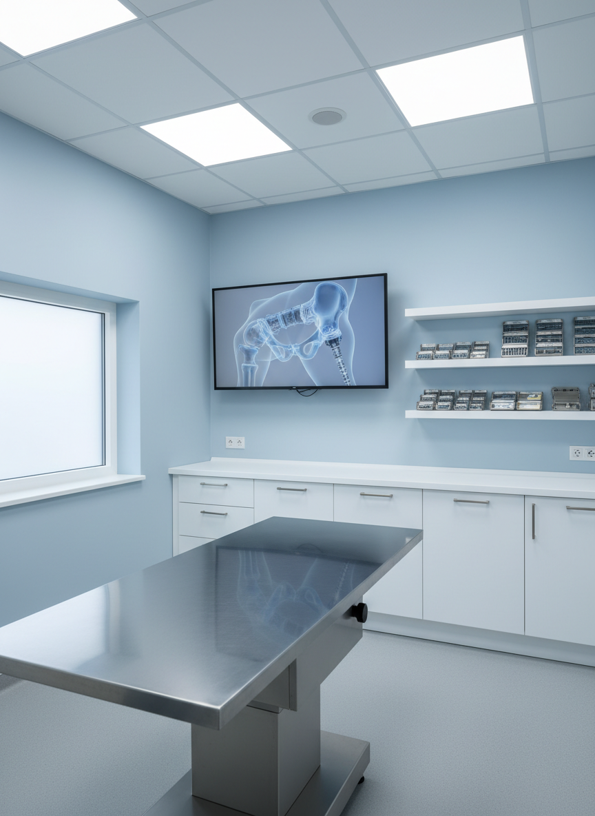 A modern veterinary orthopedic consultation room without any people, featuring a sturdy stainless steel exam table in the foreground and a large wall-mounted monitor displaying a detailed 3D rendering of a canine joint implant. The room has light blue walls, white cabinetry, and neatly organized implant trays on open shelves. Soft overhead LED lighting and indirect light from a frosted window produce even, shadow-free illumination. Shot from a slightly elevated angle with sharp focus throughout, the composition feels clean and high-tech, emphasizing professionalism, clinical hygiene, and cutting-edge orthopedic care in a realistic photographic style.