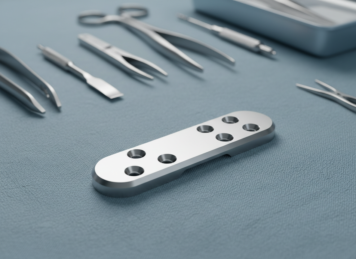 A clean, close-up photographic realism shot of a polished titanium veterinary bone plate resting on a cool grey surgical drape. The implant’s beveled edges and precisely machined screw holes catch soft, diffused studio lighting from the left, creating subtle highlights and crisp yet gentle shadows. In the softly blurred background, neatly arranged sterile orthopedic instruments and a faint outline of a blue instrument tray suggest a professional clinical setting. Captured at eye level with a shallow depth of field, the plate is centered in the frame, conveying precision, reliability, and advanced medical engineering in a calm, professional atmosphere.