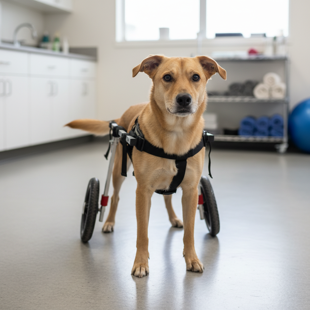 A medium-sized tan dog comfortably fitted in a bright red, adjustable dog wheelchair, standing on a smooth, light grey clinic floor. The aluminum frame of the wheelchair gleams under soft, diffused daylight filtering through a large window out of frame, while foam-padded harnesses appear secure yet gentle. The background is subtly blurred, showing hints of white cabinets and neatly stacked pet rehabilitation equipment. Photographic realism, captured at eye level with the dog centered in the composition, creates a hopeful, supportive atmosphere that emphasizes mobility, comfort, and modern veterinary rehabilitation solutions without showing any people.